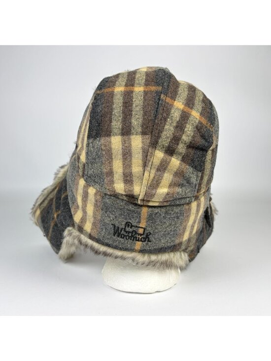 Woolrich Plaid Trapper Hat Faux Fur Lined Ear Flaps Gray Brown Wool Blend S main image 5